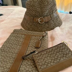 Set: Coach Tan and Brown Signature bucket, hat, Crossbody, coin wallet keychain